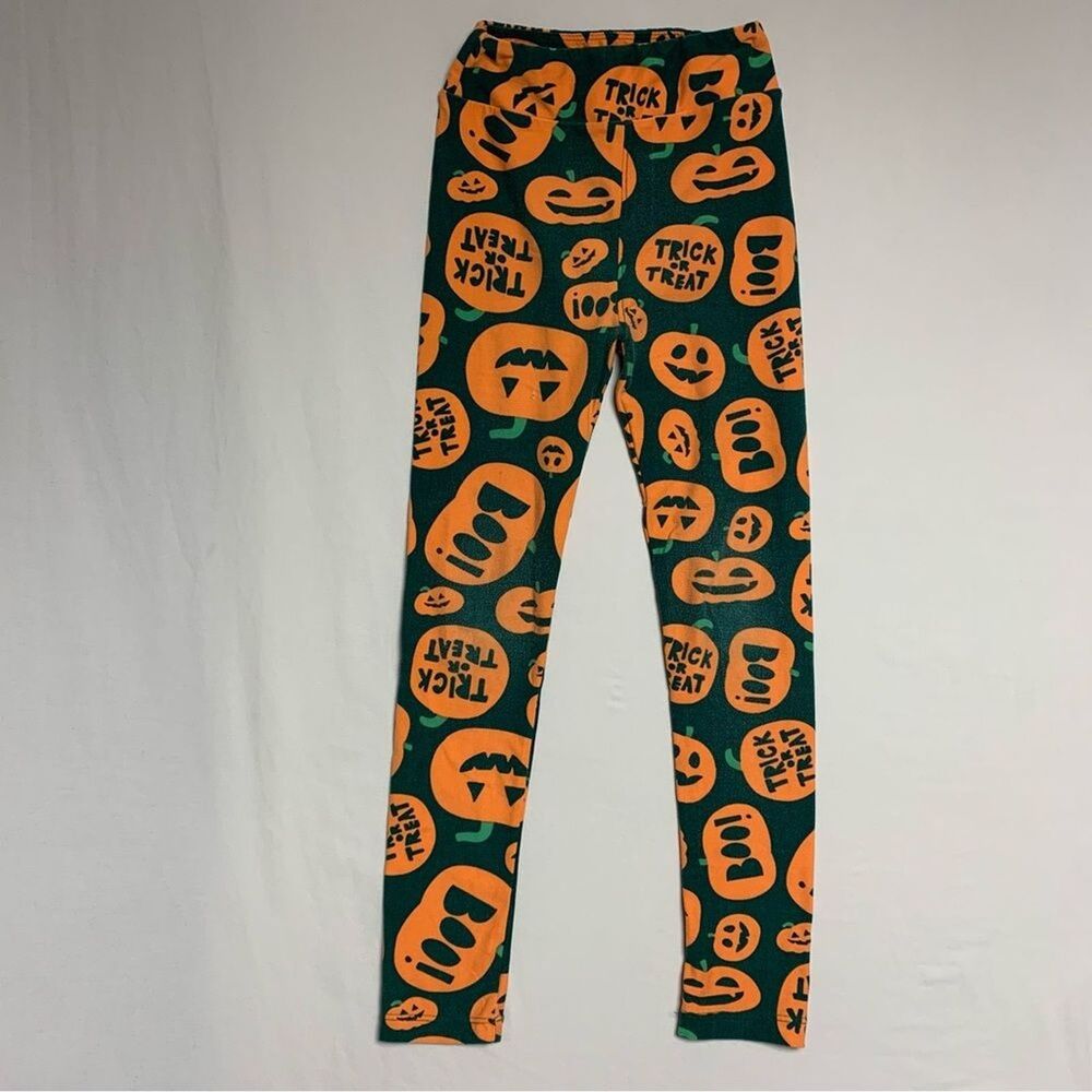 LulaRoe Halloween Jack O Lantern Pumpkin Leggings Girl’s Large Green Orange
